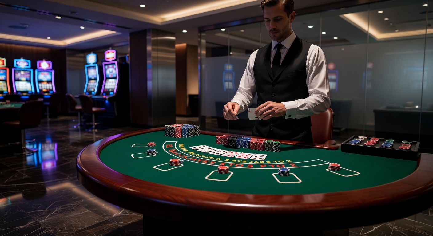 Vibrant casino floor with roulette wheels spinning and players at blackjack tables under bright lights, capturing the energy of traditional casino games
