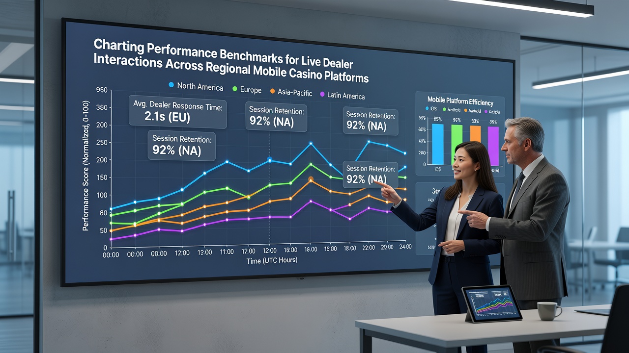 Graph comparing live dealer interaction benchmarks on mobile platforms in Europe, North America and Asia-Pacific during 2026