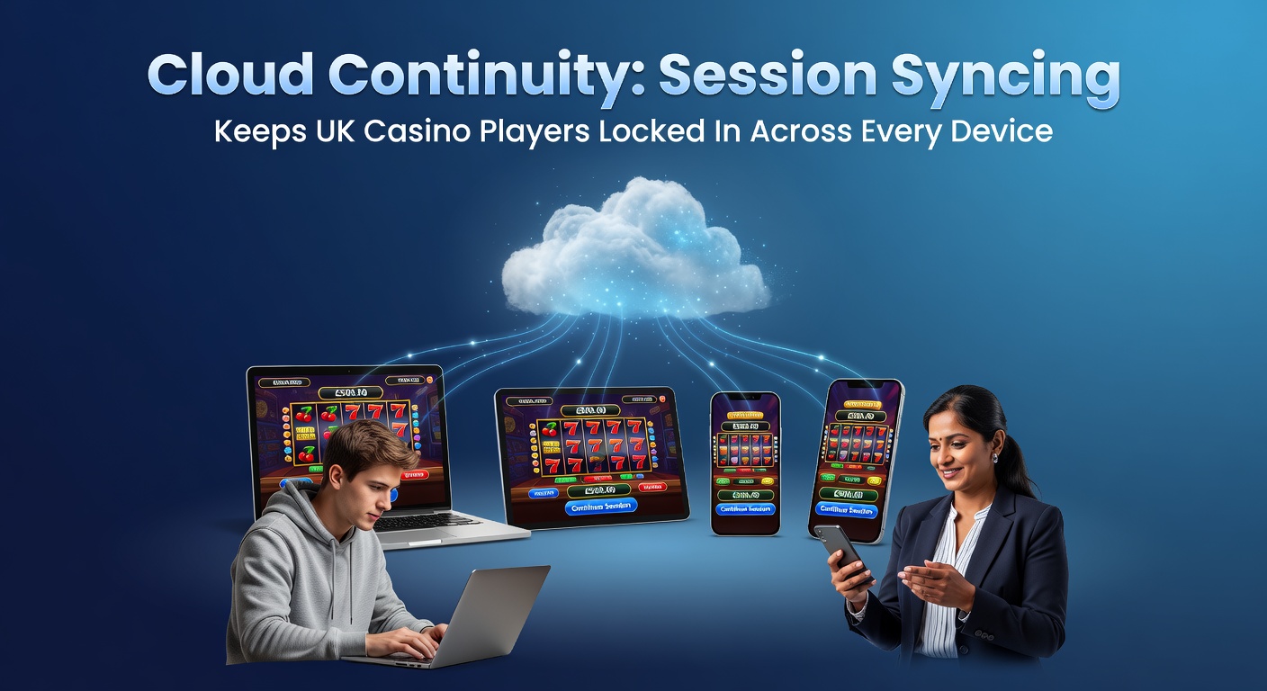 A mobile phone and laptop displaying the same casino game session side by side, with seamless cloud syncing illustrated by flowing data arrows between devices