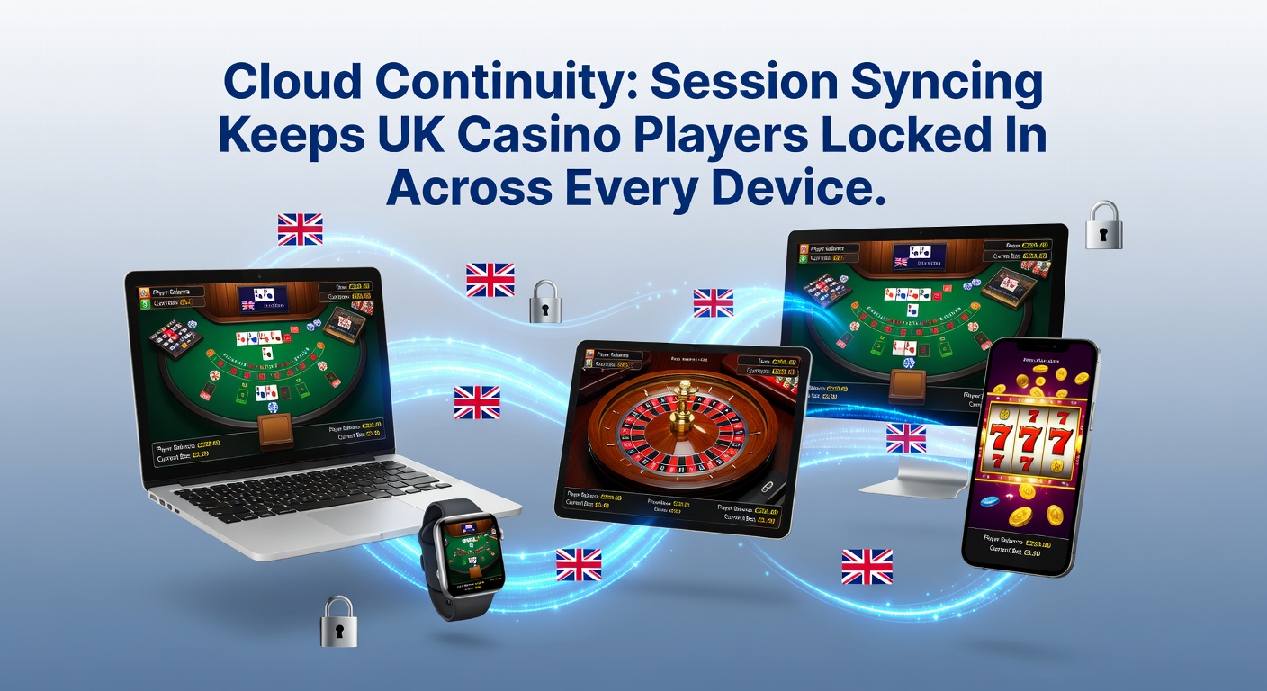 Graph showing rising player retention metrics with cloud session syncing enabled on UK casino apps, overlaid with icons of phones, laptops, and tablets