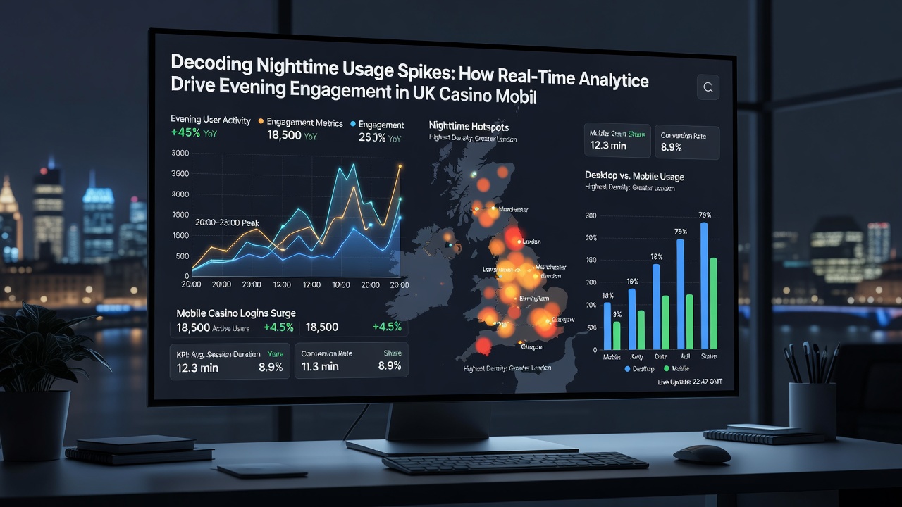 Analytics team reviewing real-time data visualizations of nighttime casino app usage patterns on multiple screens
