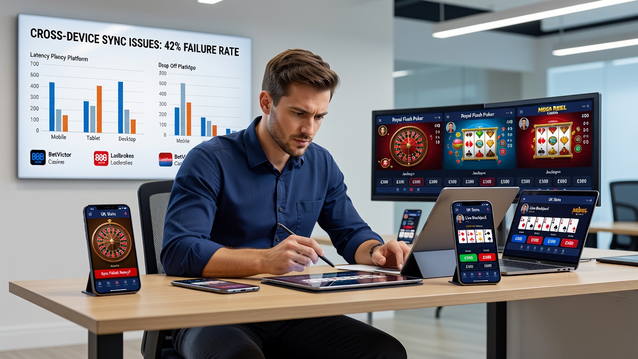 Players switching between casino apps on smartphone and tablet showing sync errors