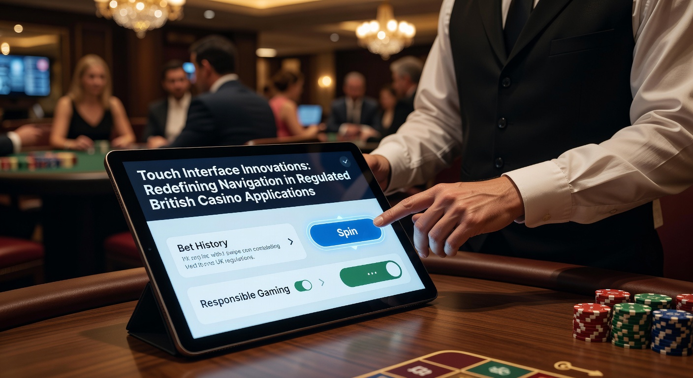 User interacting with a tablet displaying advanced touch navigation features in a British casino application, including multi-touch gestures and adaptive layouts