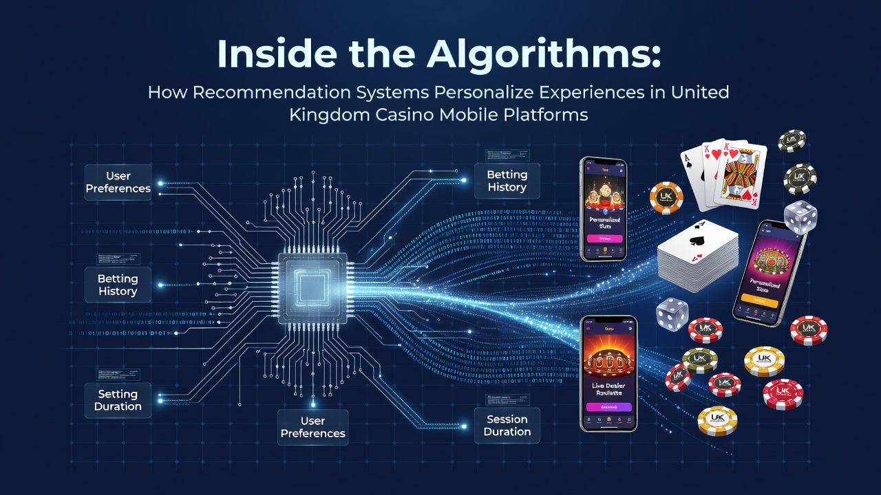 Diagram showing recommendation algorithm flow in UK casino mobile apps with user data inputs and personalized game outputs
