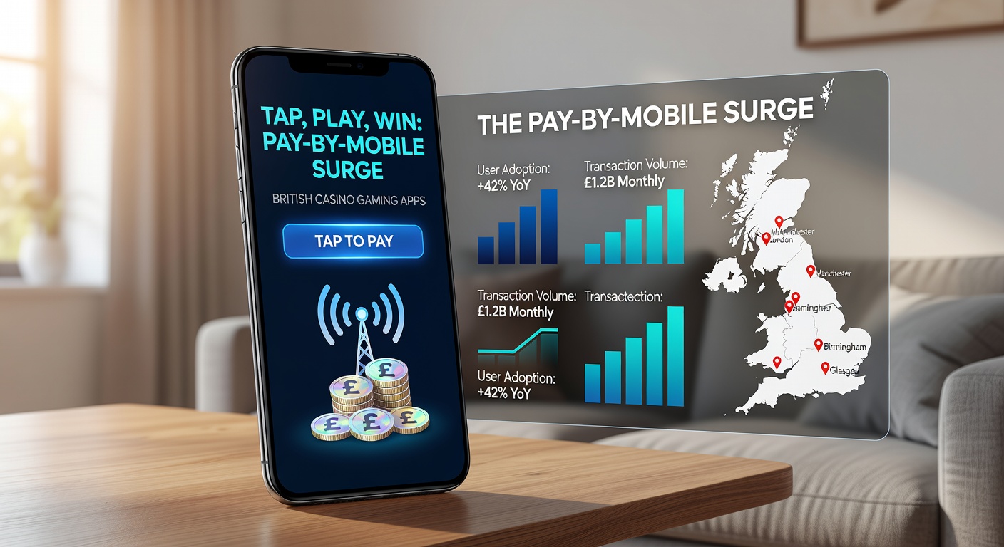 Infographic chart showing rising pay-by-mobile deposit percentages in UK casino apps from 2023 to 2026, with bars for competitors like cards and e-wallets