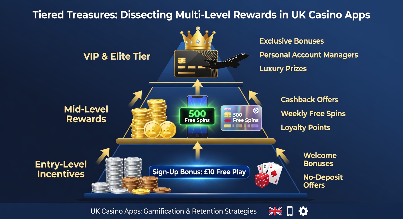 Infographic illustrating tiered reward progression in a UK casino app, with bars showing points needed for Bronze to Diamond levels alongside perk icons like cashback and free spins
