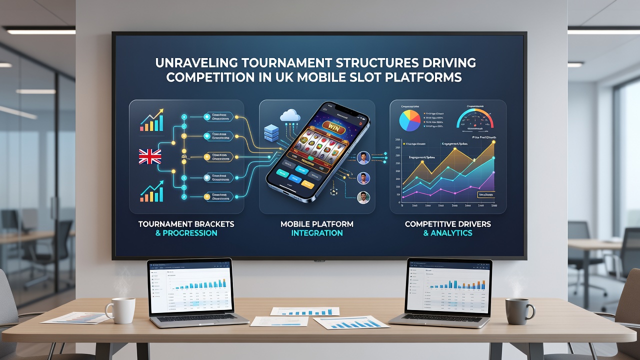 Diverse group of players engaging with slot tournament features on tablets and phones in a modern setting